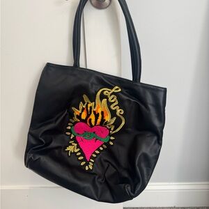 Betsey Johnson Black Tote with Pink Heart and Gold Flame Embroidery